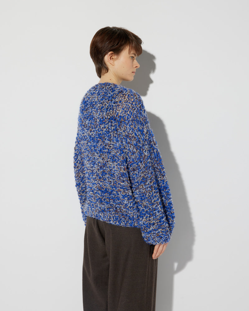 Alpaca Tweed Bomber Cardigan with Pearl Pattern in a blue melange by Maiami