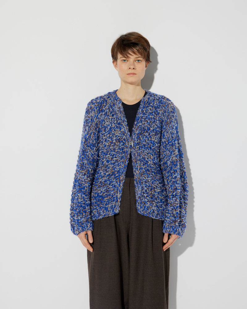 Alpaca Tweed Bomber Cardigan with Pearl Pattern in a blue melange by Maiami