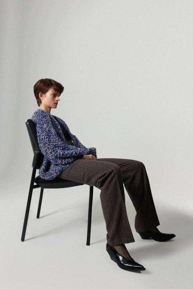 Alpaca Tweed Bomber Cardigan with Pearl Pattern in a blue melange by Maiami
