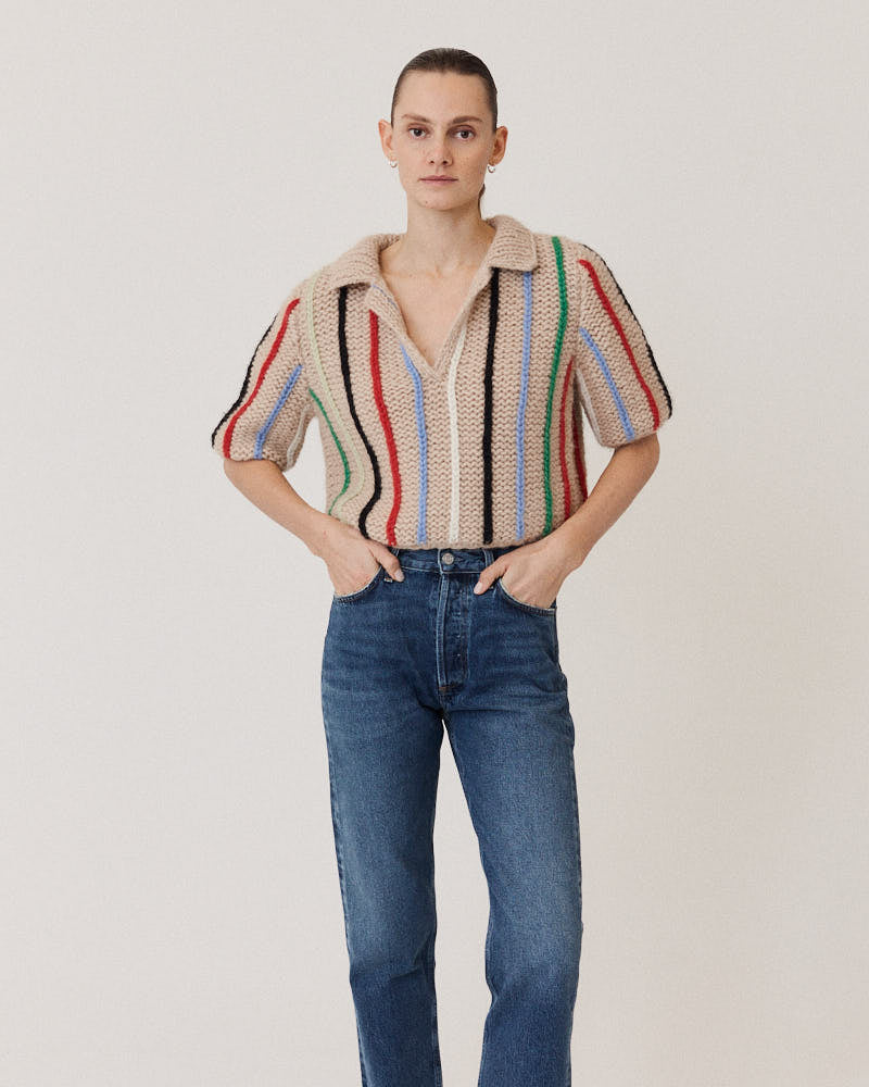 Preview: Chunky Alpaca Polo Shirt Vertical Stripes