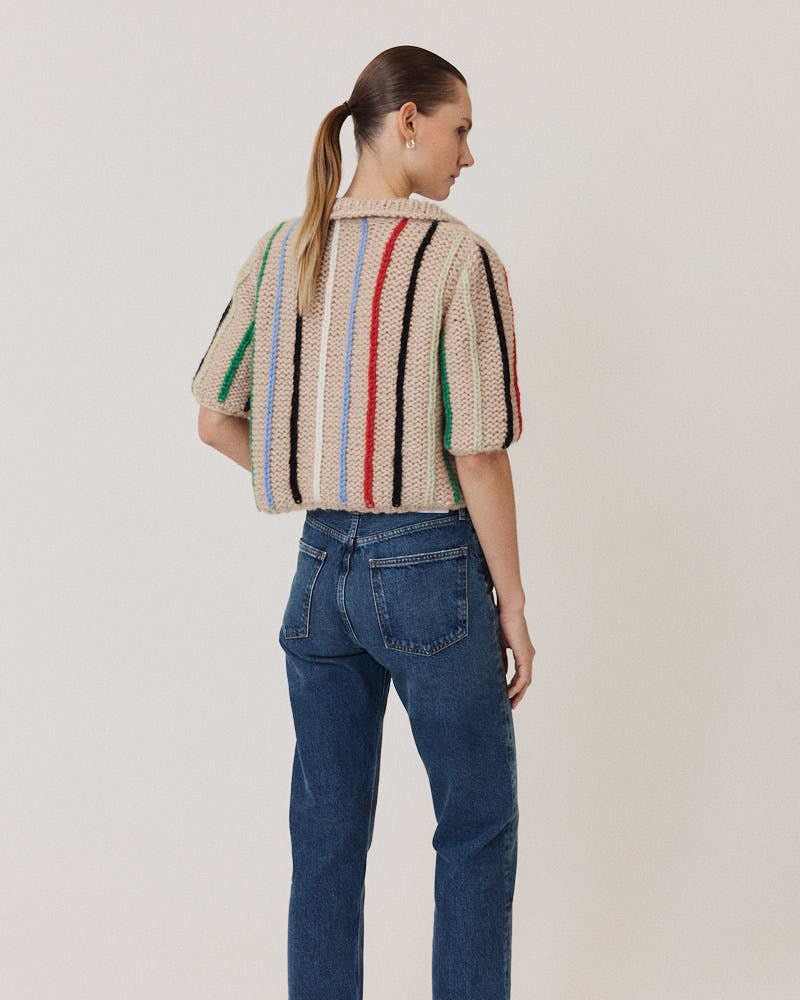 Preview: Chunky Alpaca Polo Shirt Vertical Stripes