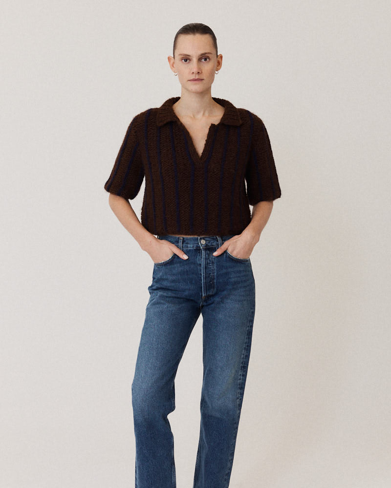 Preview: Chunky Alpaca Polo Shirt Vertical Stripes