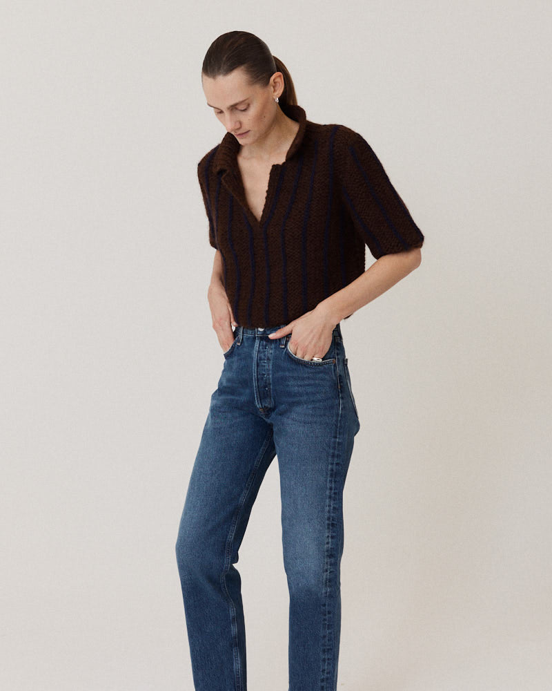 Preview: Chunky Alpaca Polo Shirt Vertical Stripes