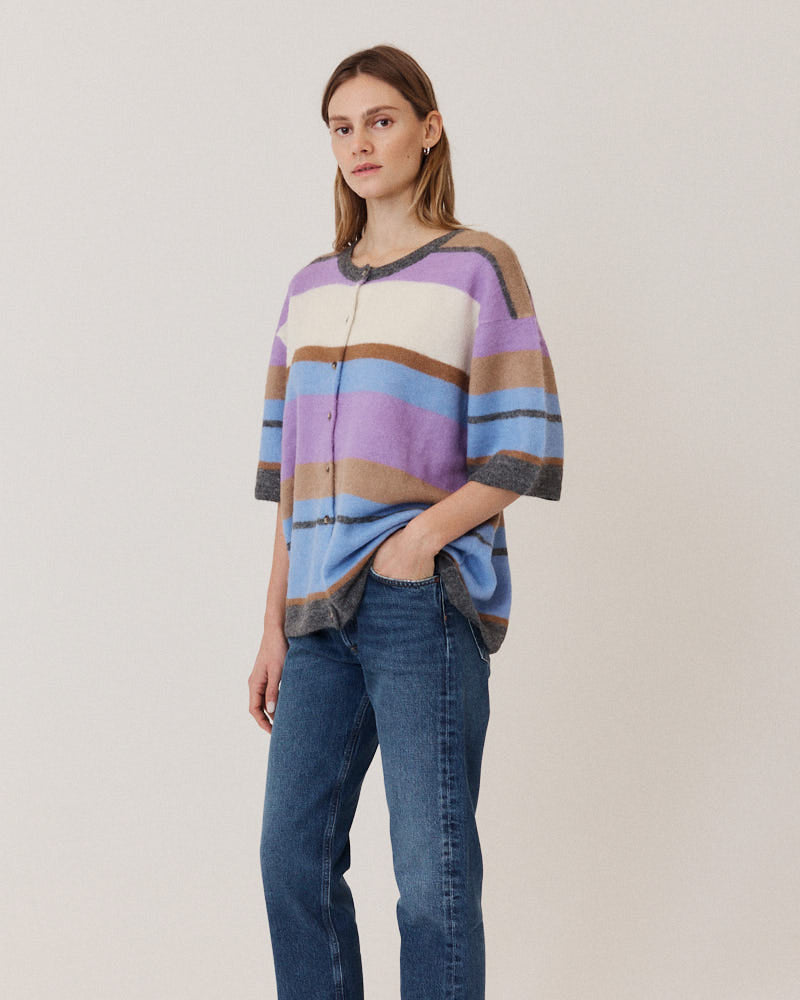 Fine Alpaca Short Sleeve Cardigan, Striped