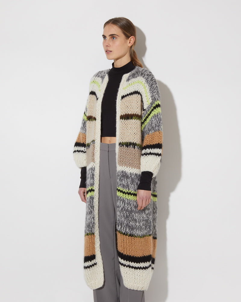 Maiami Cashmere Coat. Hand-knitted with stripes.