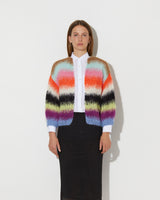 Frontal view of model wearing the new in mohair bomber cardigan with gradient stripes in the color 'Multicolour GS'