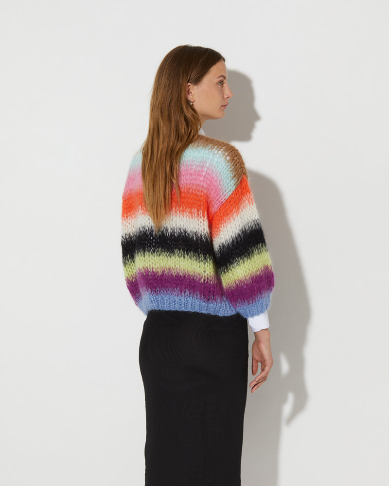 View from the back of model wearing the Mohair Bomber Cardigan with gradient stripes in the color 'Multicolour GS'