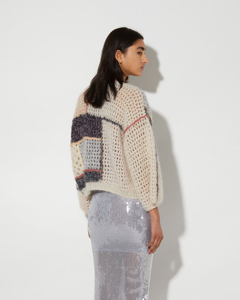 Back view of Maiami patchwork cardigan in pearl melange.