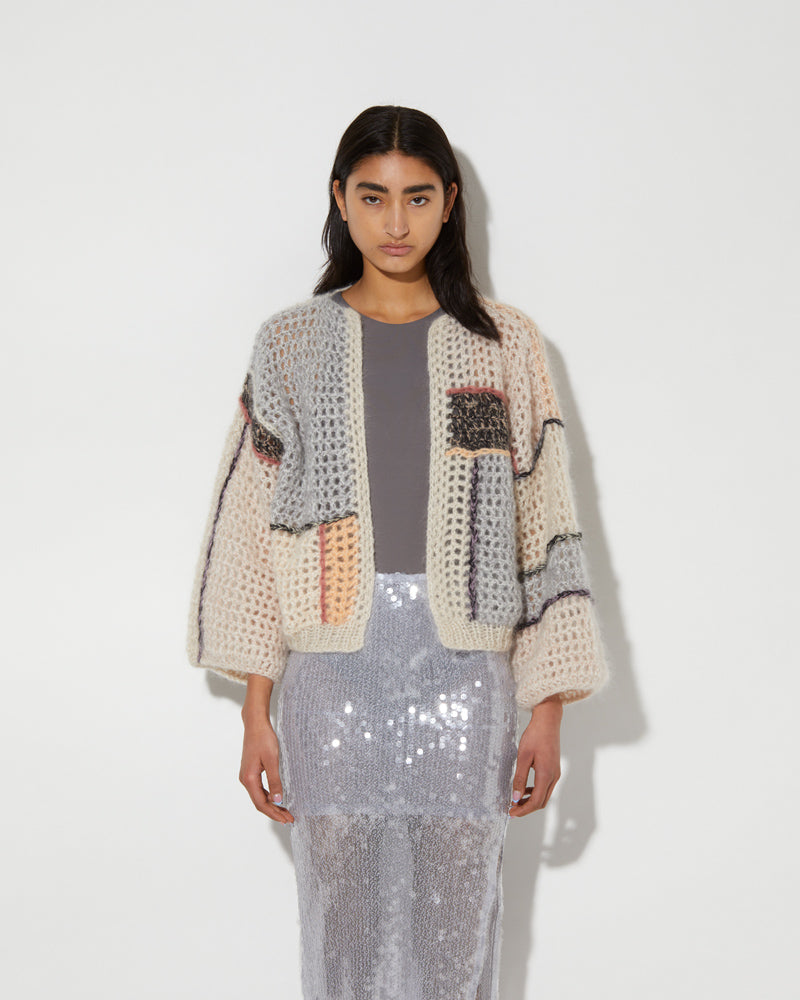 Maiami crochet patchwork cardigan in pearl melange.