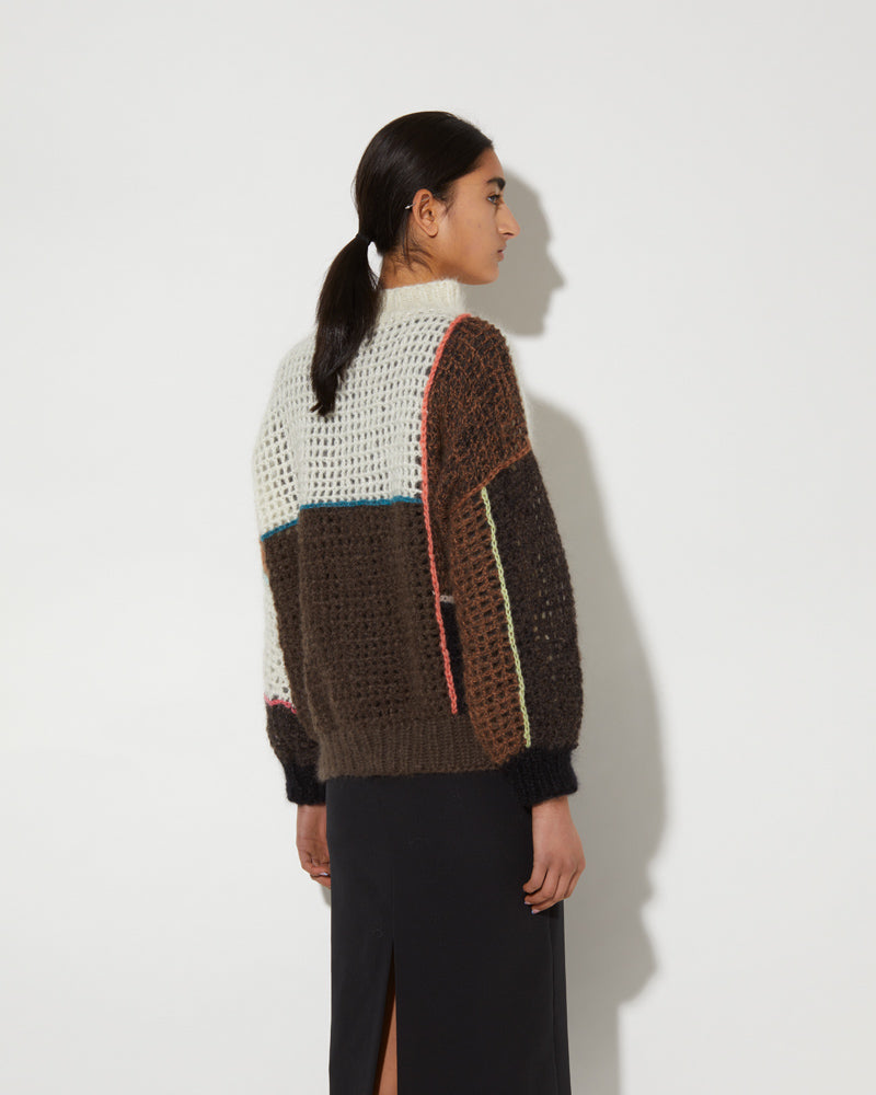 Back view of Maiami crocket patchwork pullover.