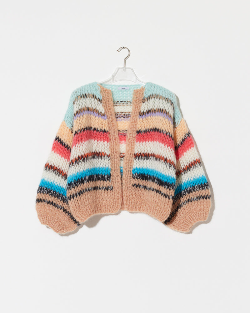 Product view of the Stripes Galore Bomber Cardigan. Mohair cardigan womens.