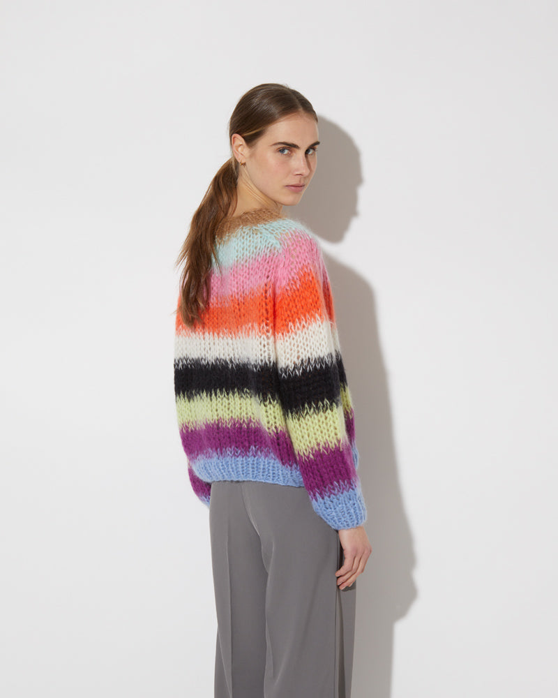 View from the back of model wearing the Gradient Fade Pullover in the color 'Cool Pastels'