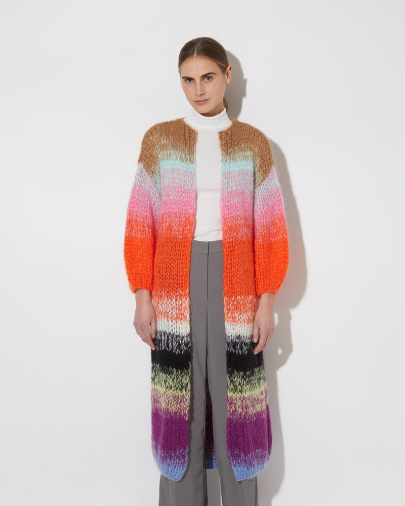 Frontal view of model wearing the new in Gradient Fade Mohair Coat in the color 'Cool Pastels'