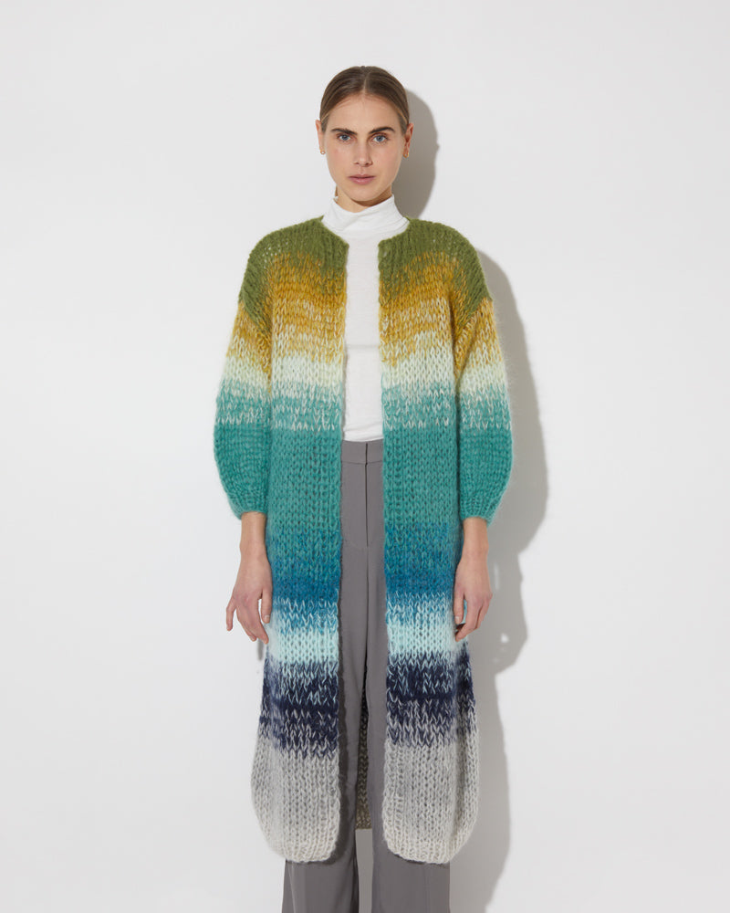 Frontal view of model wearing the new in Gradient Fade Mohair Coat in the color 'Soft Fall'