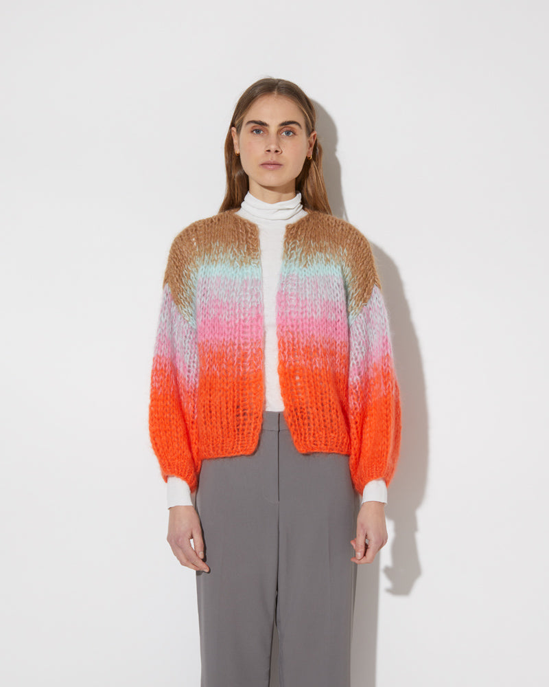 Frontal view of model wearing the new in mohair cardigan in the color 'Cool Pastel'