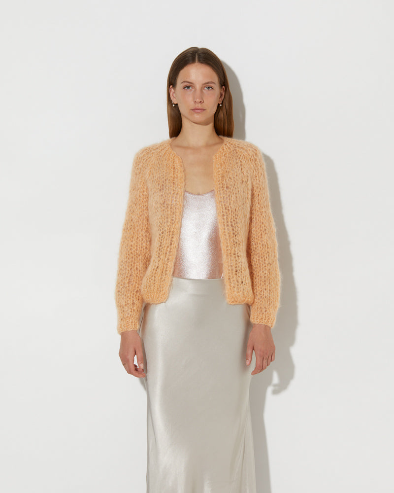 Frontal view of Model wearing the Mohair Small Cardigan Light. Trendy mohair cardigan for women.