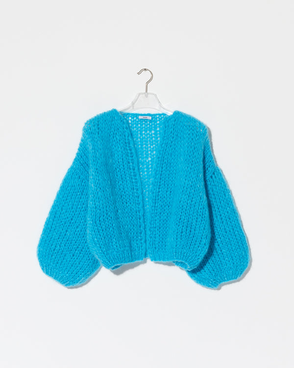 Frontal product view of new in Mohair Big Bomber Cardigan in the new color 'Cyan 2445'