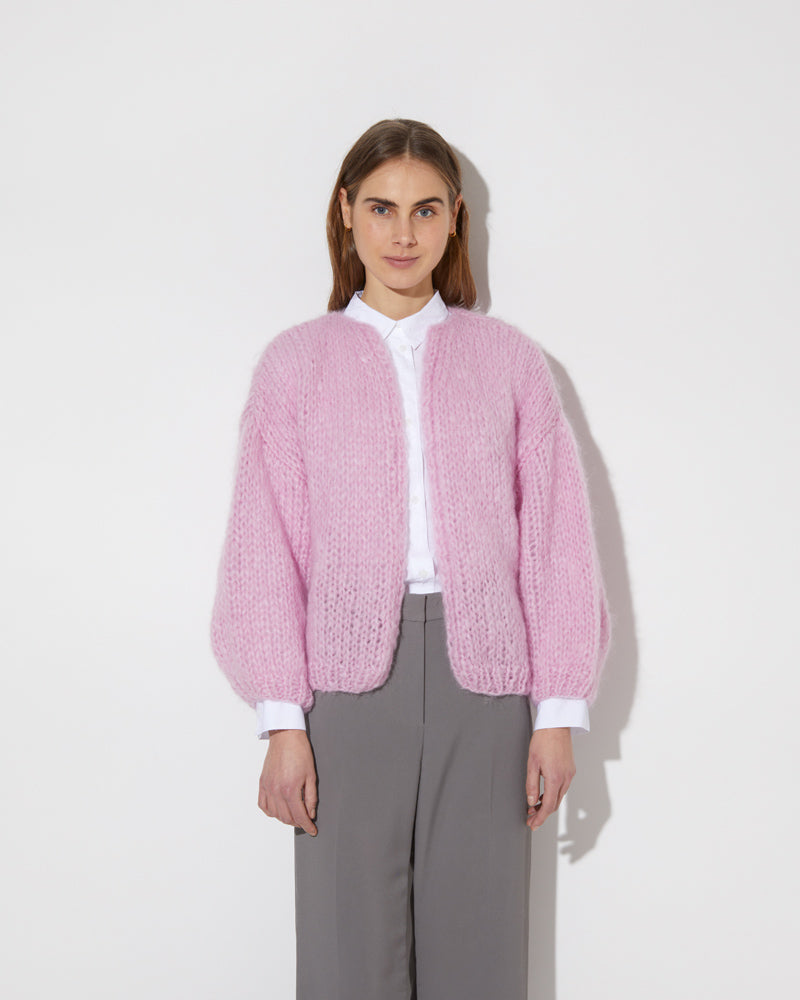Frontal view of model wearing the new in Mohair Big Bomber Cardigan in the new color 'Rose 28'