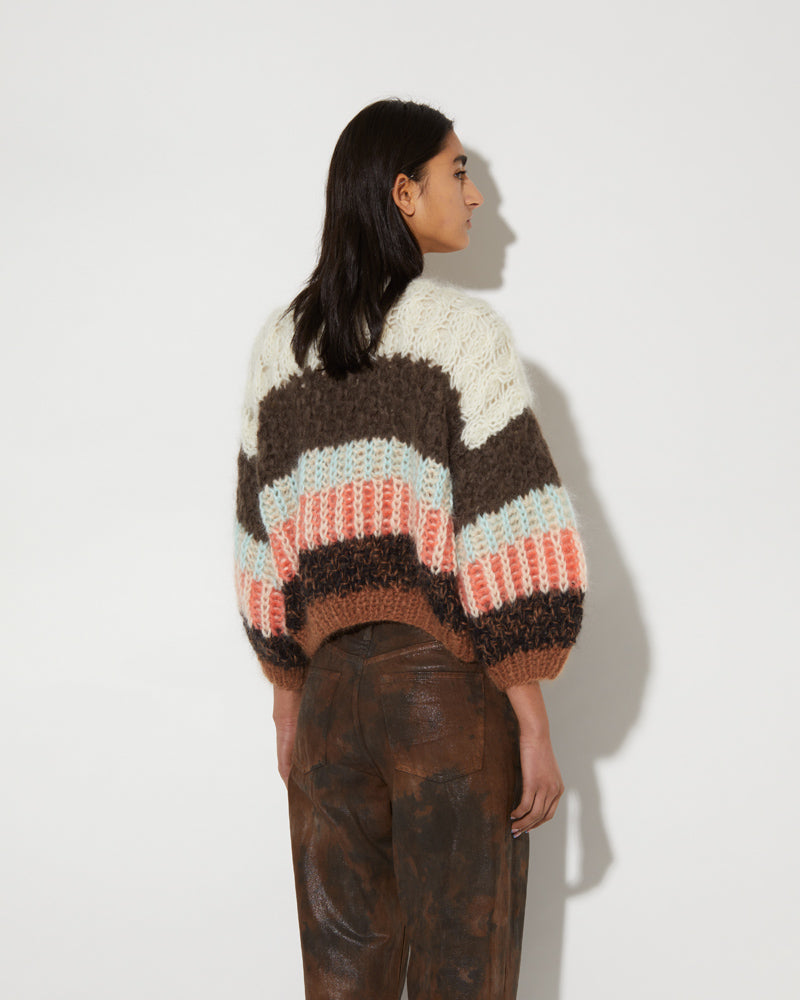 Back view of Maiami Mohair cardigan in chocolate with stripes.