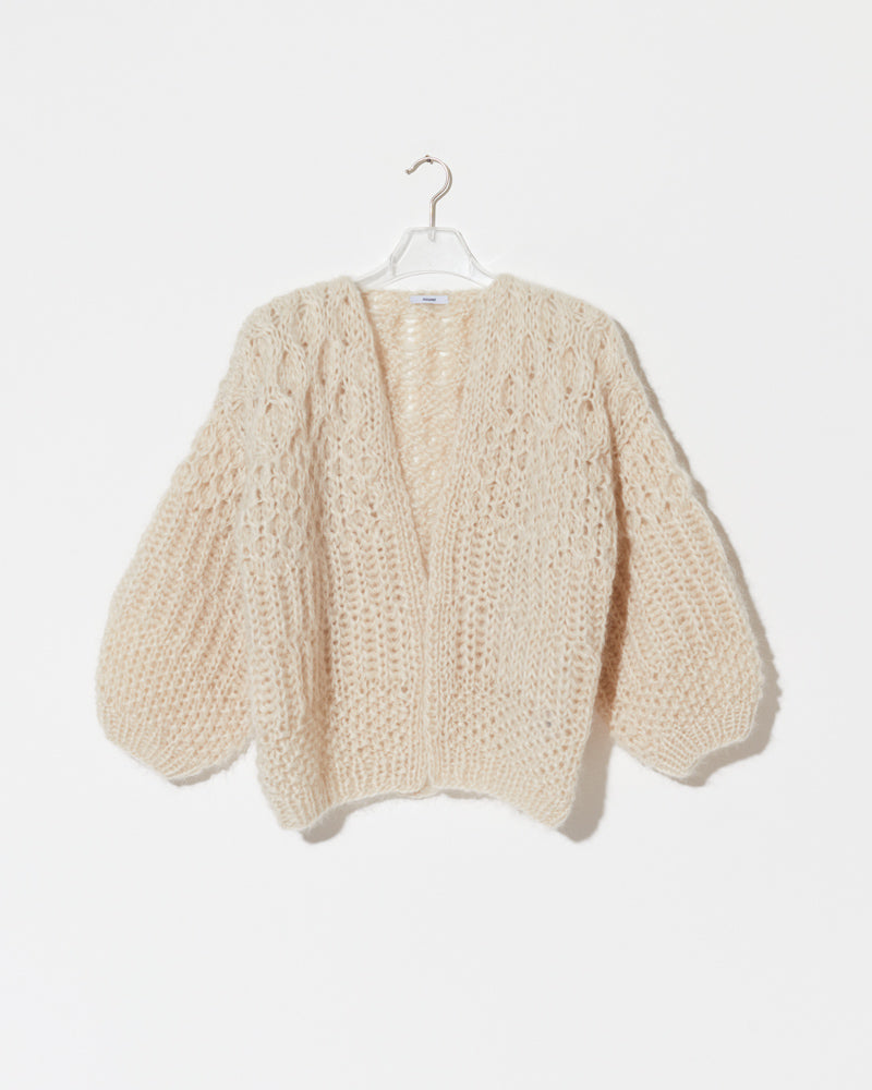 Maiami Alpaca cardigan in beige. Made from Mohair with structure surface.