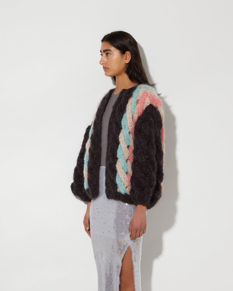 Maiami Mohair cardigan in chocolate. Cable pattern coloured in light blue and light rose.