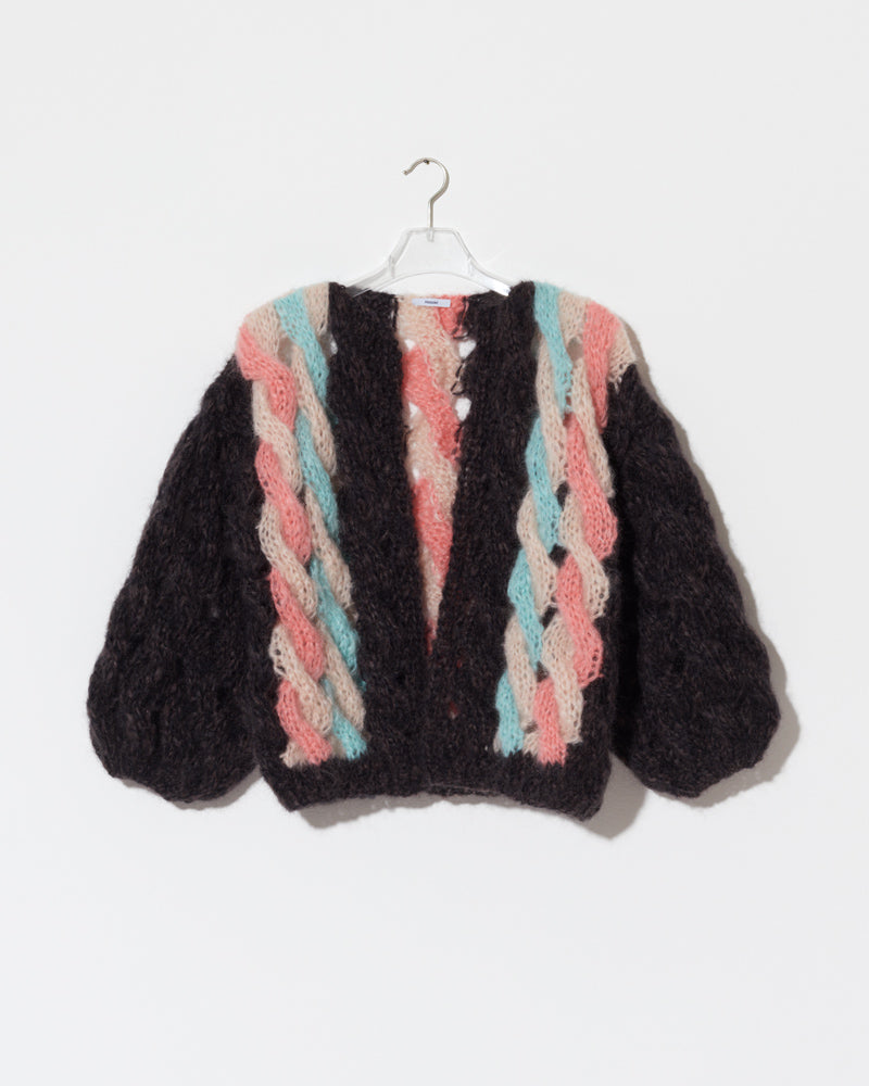 Front view of Maiami Mohair cardigan with coloured cable pattern.