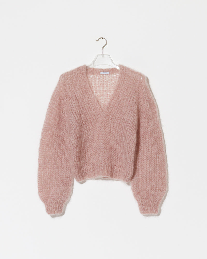 Mohair V-neck pullover with soft textured knit and relaxed slightly cropped fit in a muted pink tone