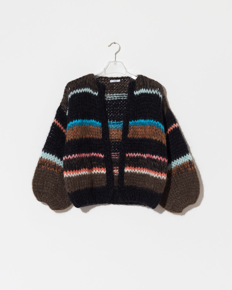 Maiami bomber cardigan with stripes. Coloured in chocolate.