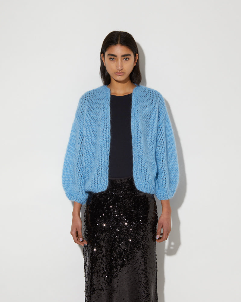 Maiami Mohair Bomber Cardigan in Alaskan Blue.