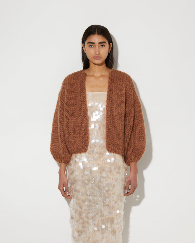 Maiami hand knitted Mohair cardigan in brown.