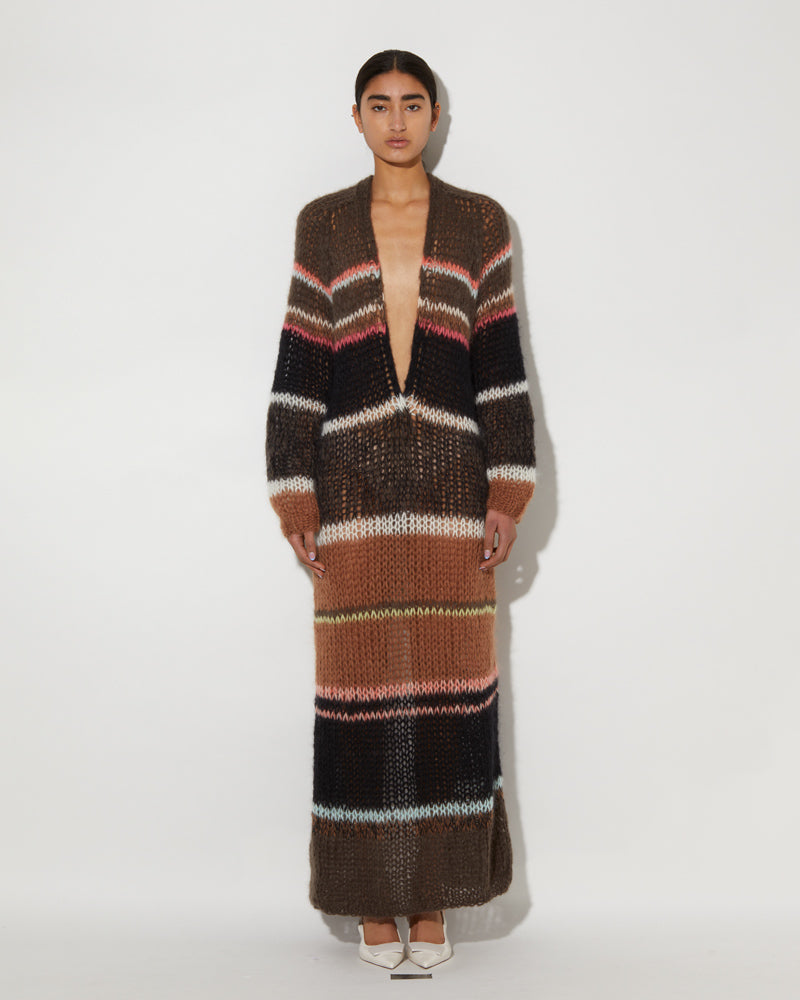 Maiami long dress in chocolate with stripes.