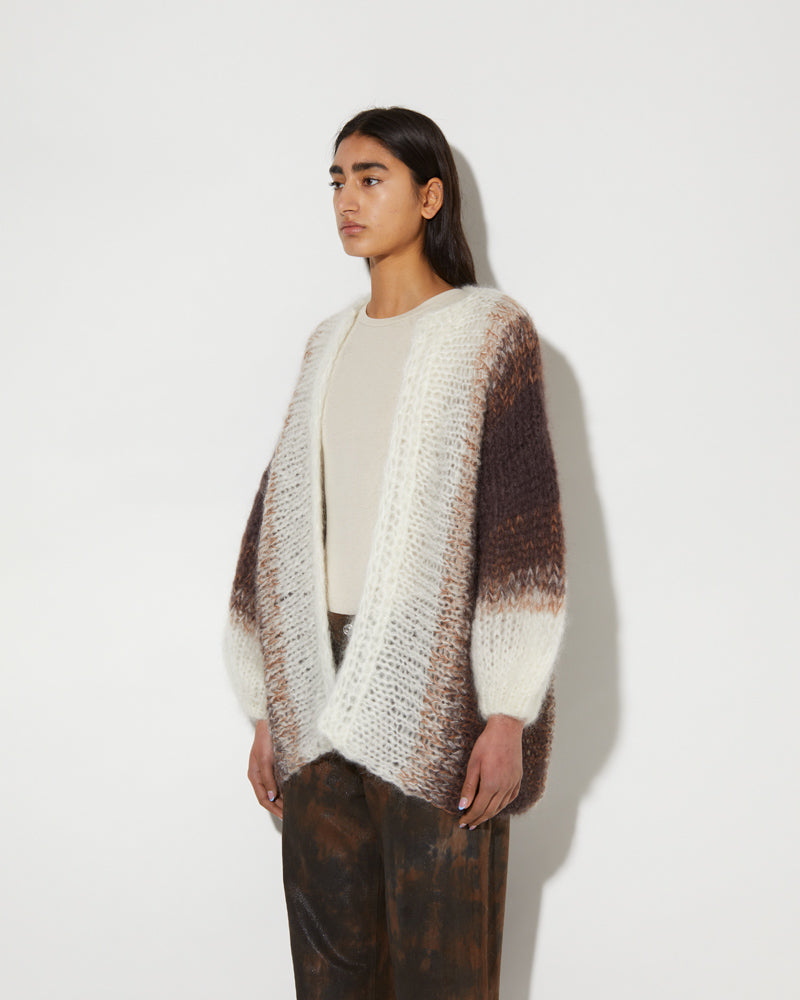 Side view of ombre Mohair Cardigan from Maiami. Coloured in brown and creme.
