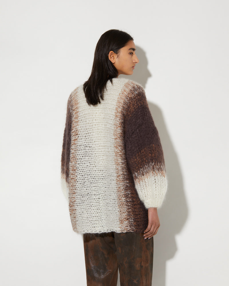 Back view of Maiami Big Mohair Cardigan in brown and creme.