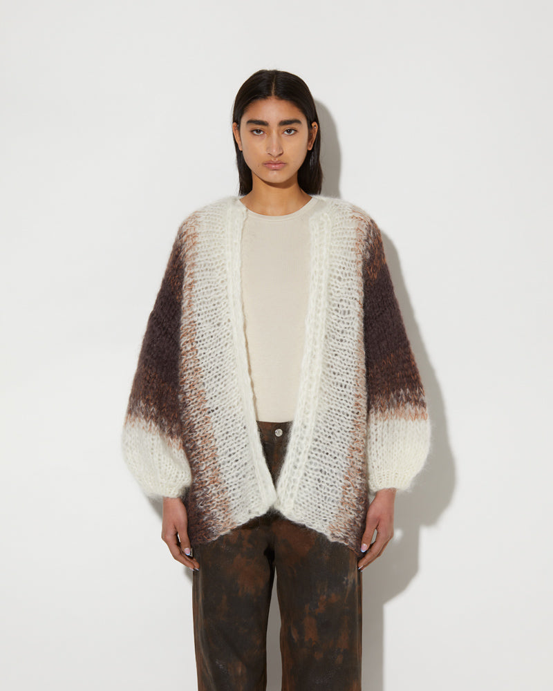 Front view of Maiami Mohair Cardigan. Ombre in brown and creme.