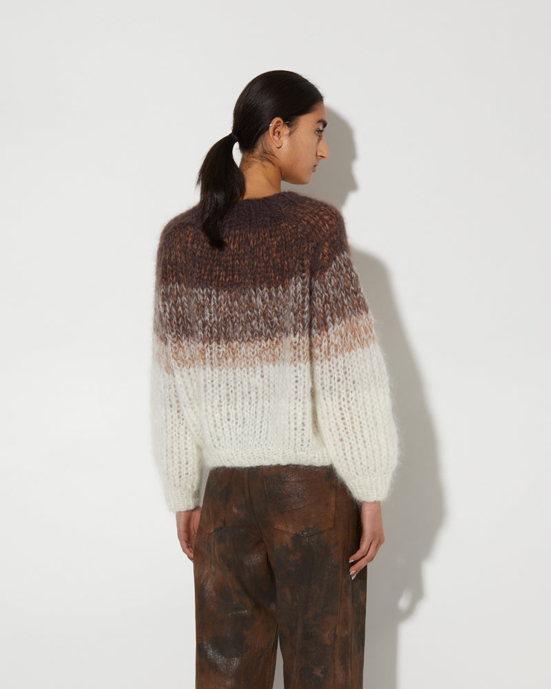 Back view of Maiami sweater in brown and creme. Hand-knitted from Mohair.