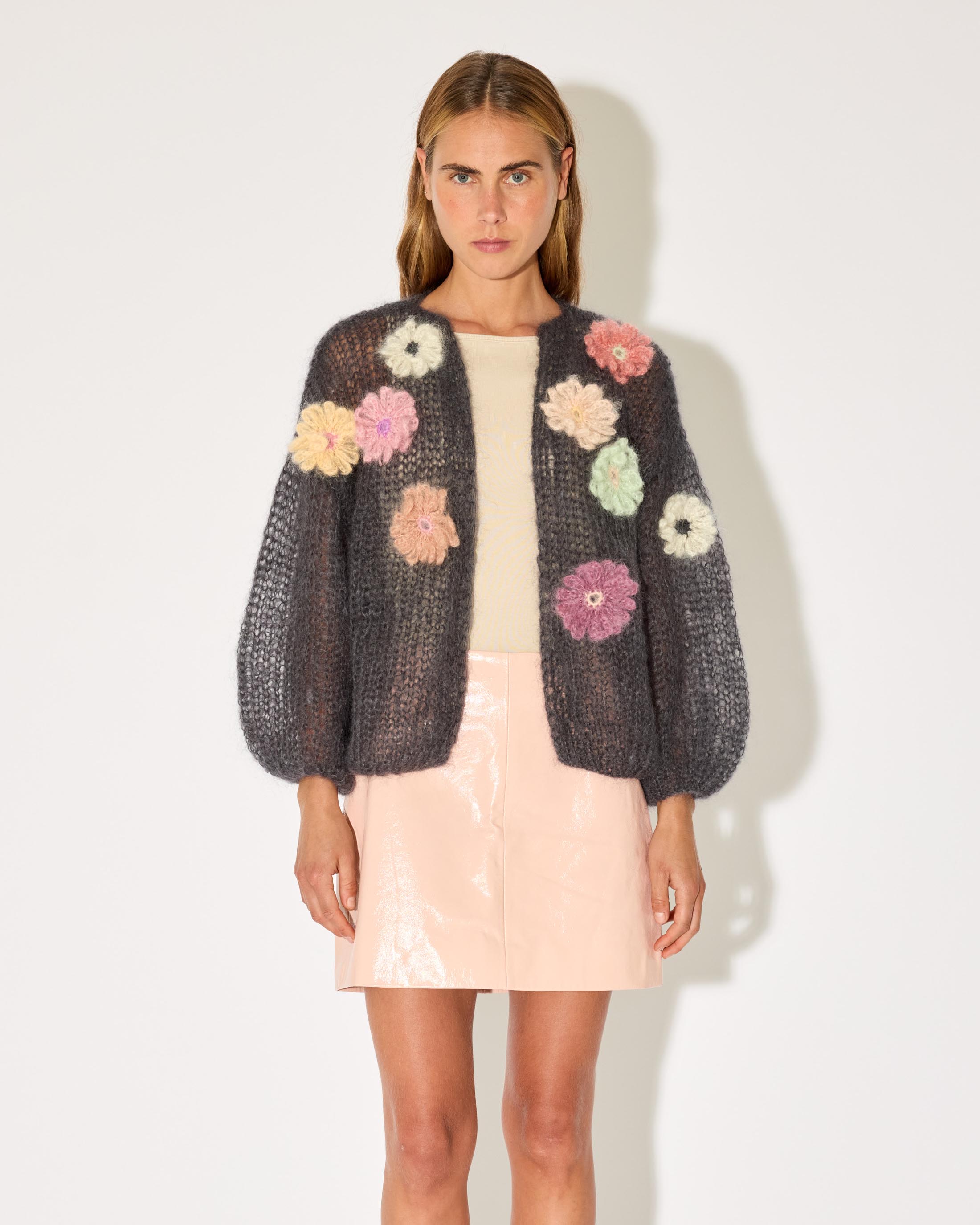 カーディガン ameri FLOWER EMBROIDERY JACKET KNIT UND TEXTURE ART FLOWER KNIT CARDIGAN