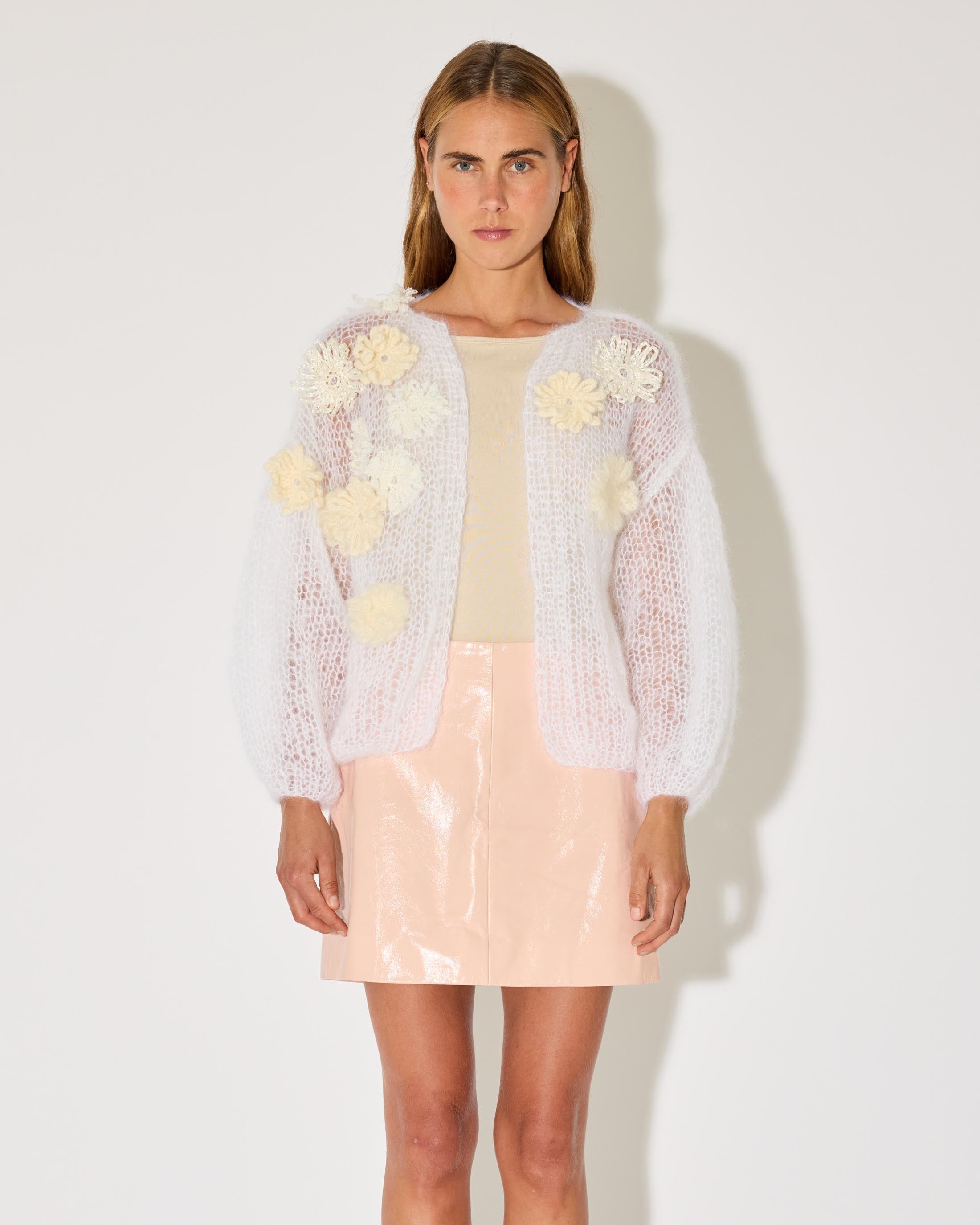 カーディガン ameri FLOWER EMBROIDERY JACKET KNIT UND TEXTURE ART FLOWER KNIT CARDIGAN