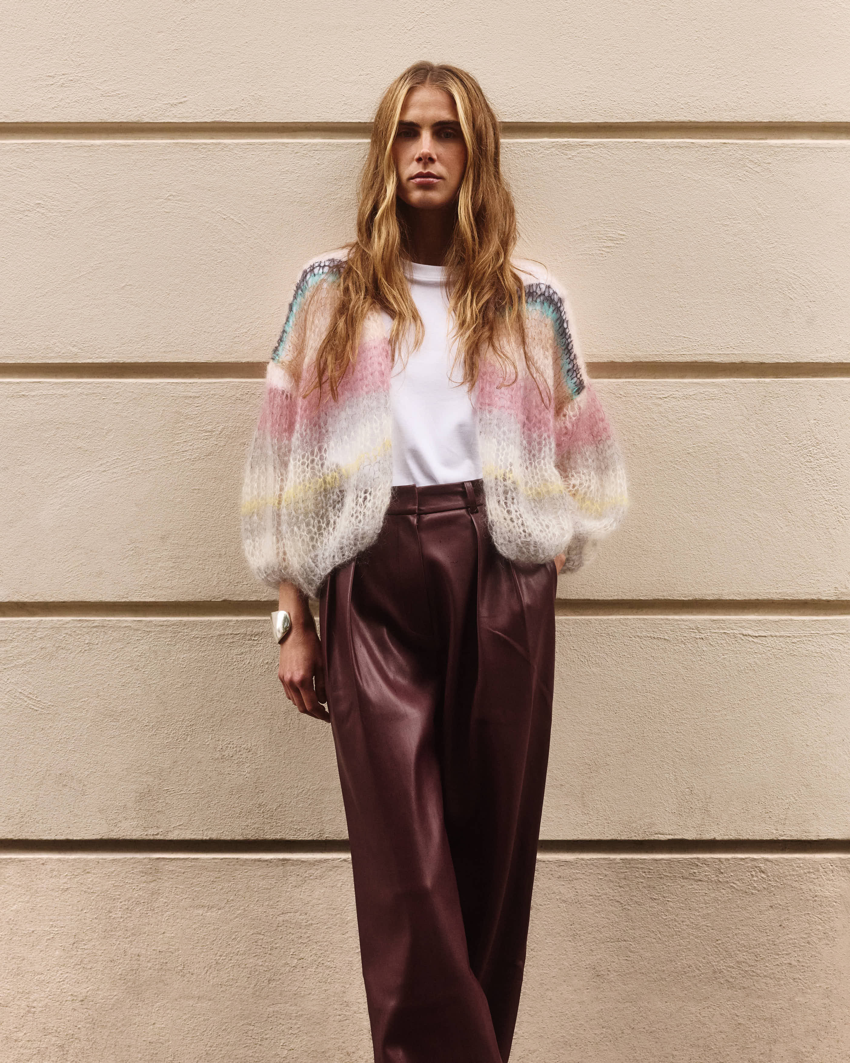 Mohair Bomber Cardigan, Light Stripes