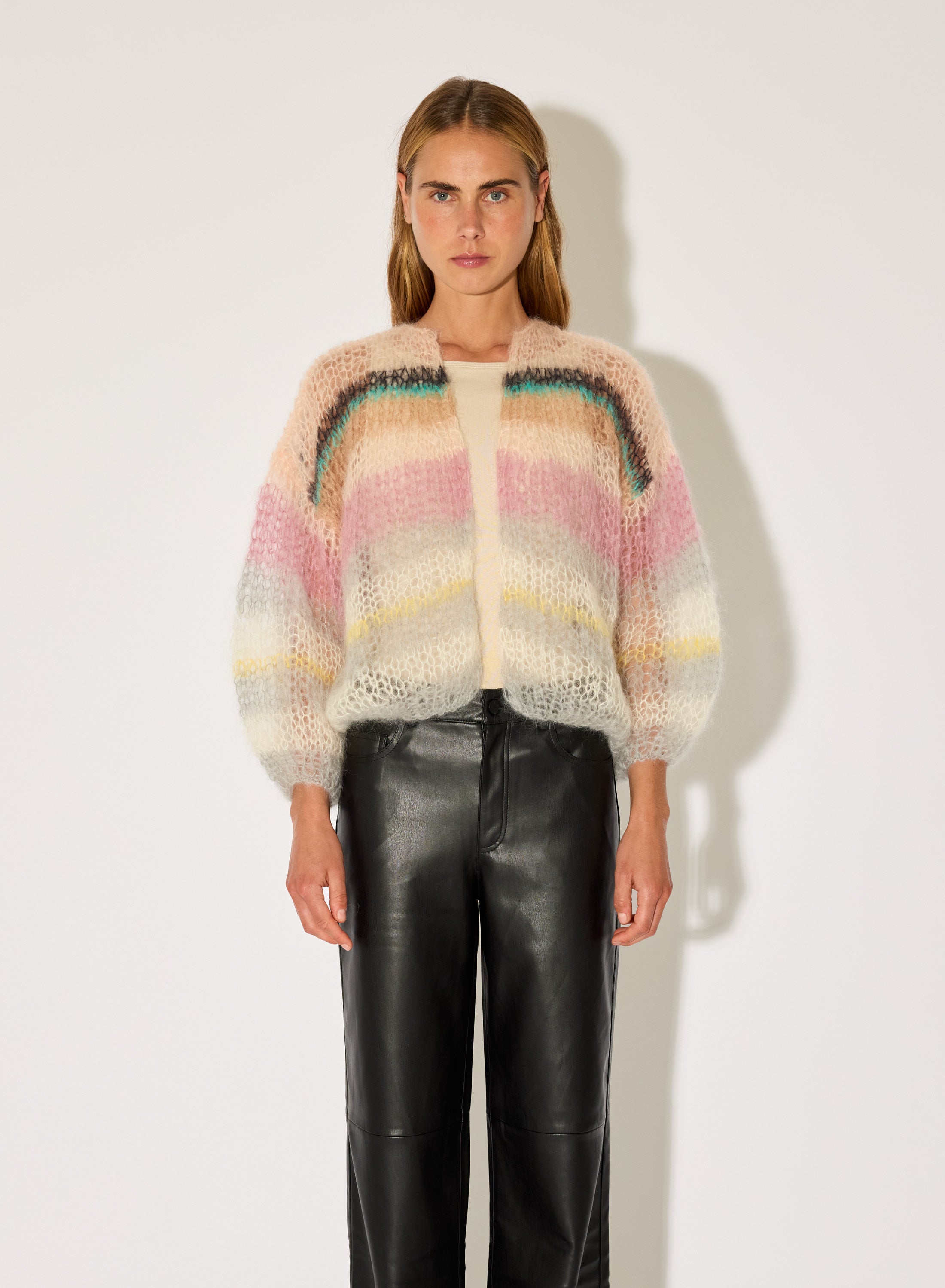 Mohair Bomber Cardigan, Light Stripes