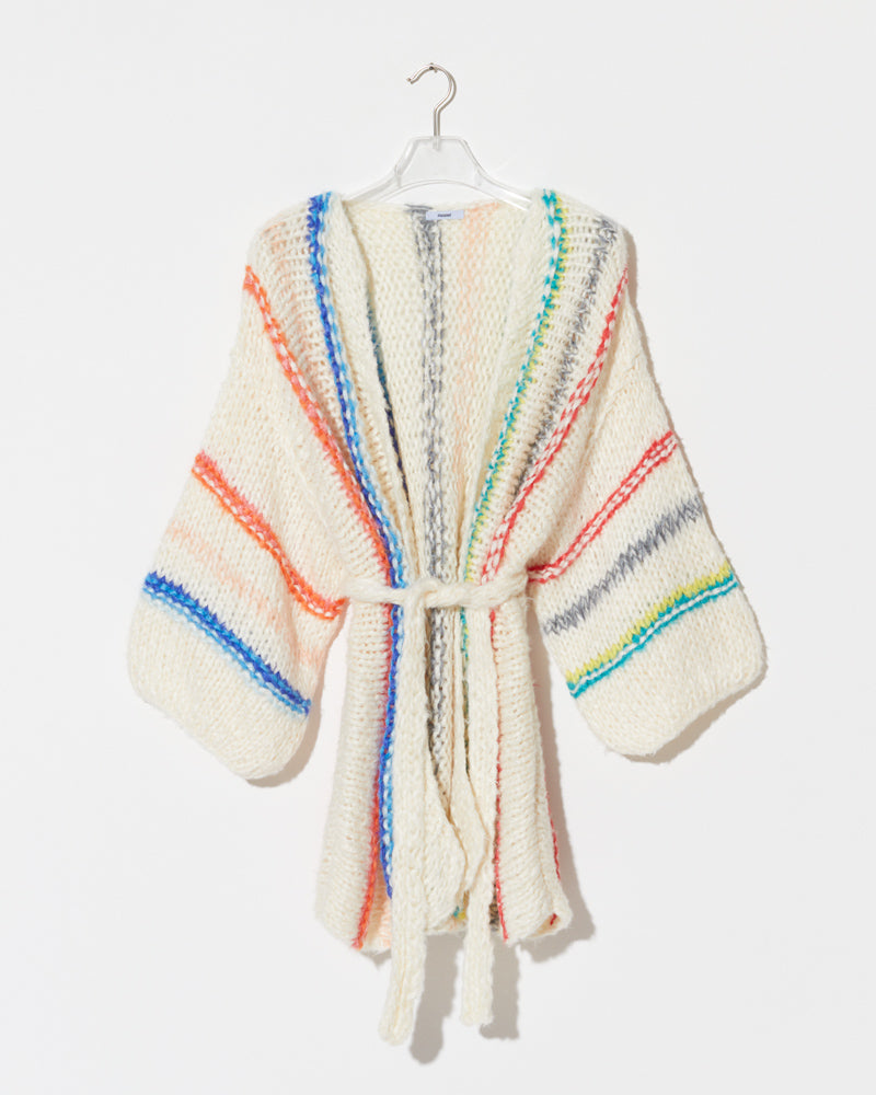 Product view of the Silk Vertical Stripes Cardigan. Striped mohair cardigan.