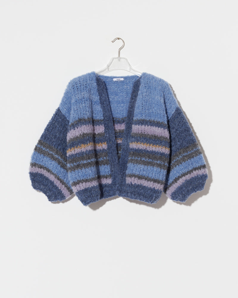 Hand-knitted alpaca cardigan with stripes in blue tones