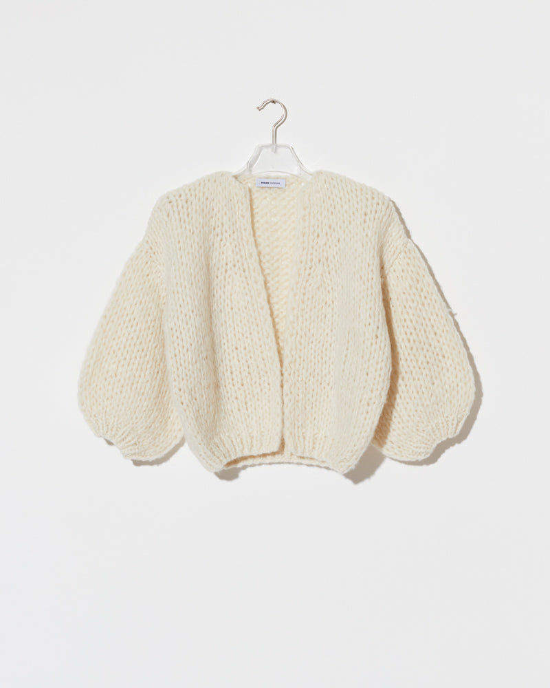 Maiami cashmere bomber cardigan in chunky knit bridal style on hanger