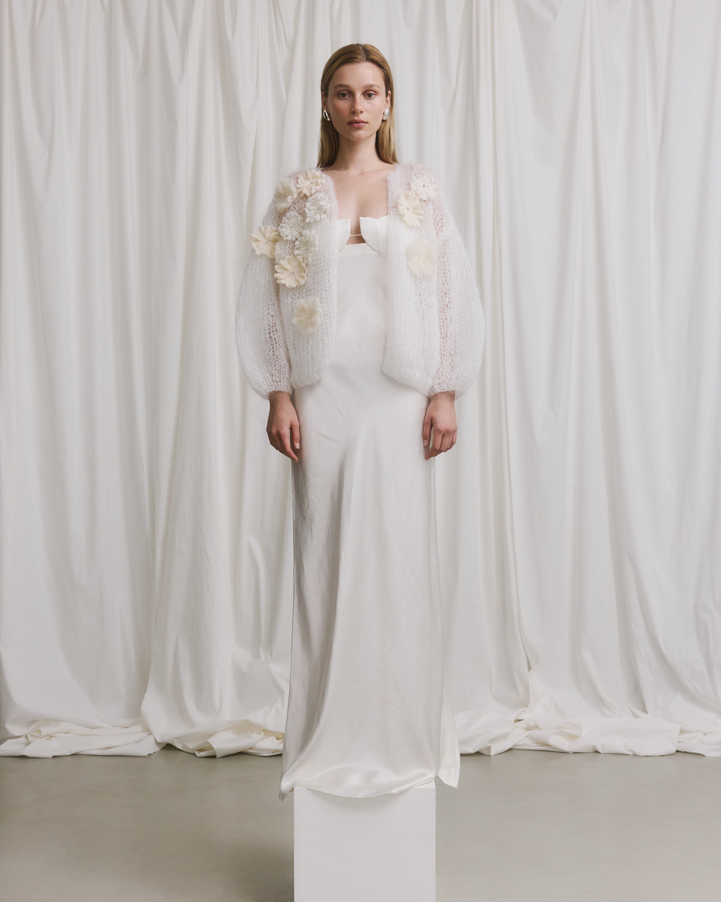 Bridal: Mohair Bomber Cardigan Flower Embroidery