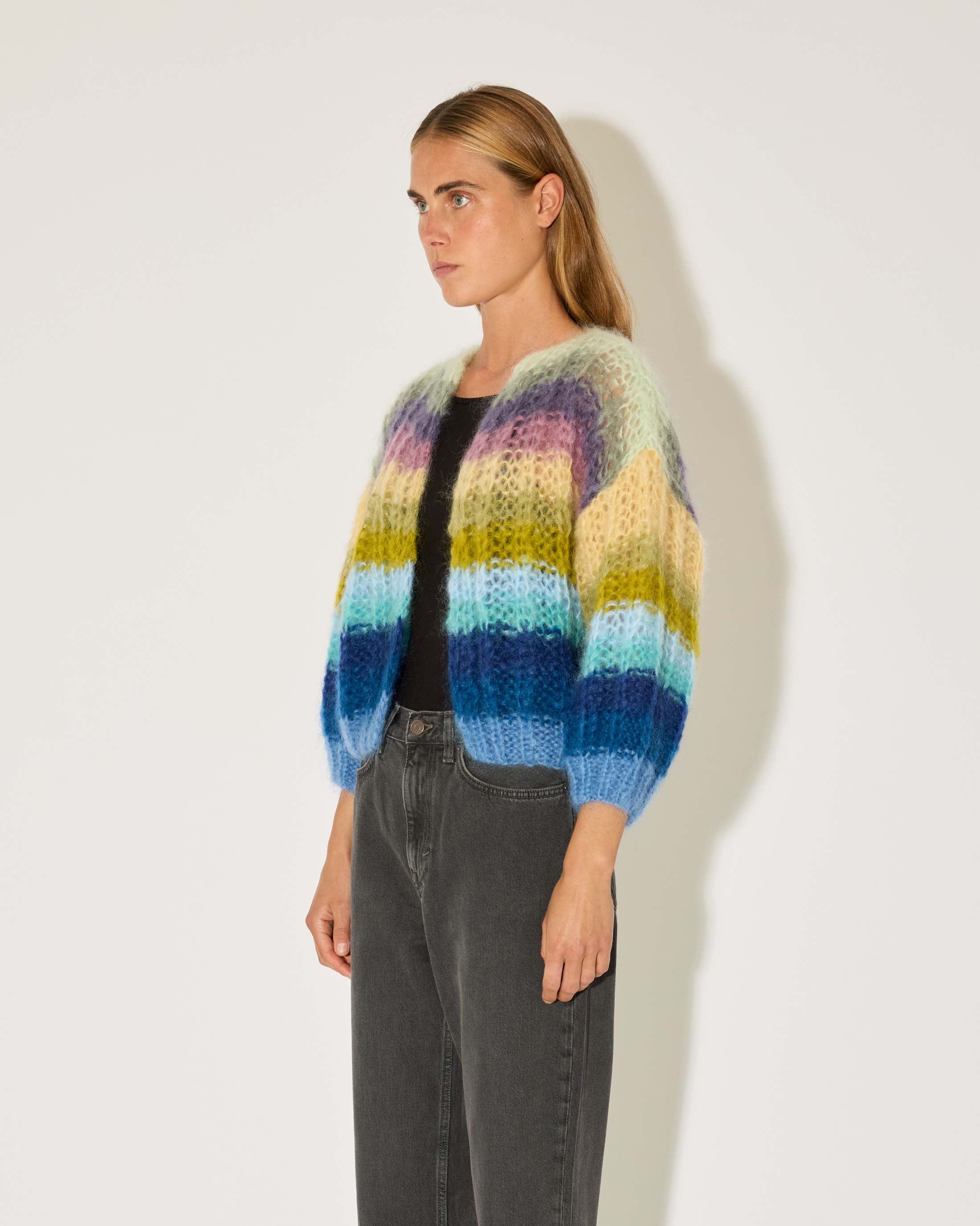Mohair Ribbed Bomber Cardigan, Striped