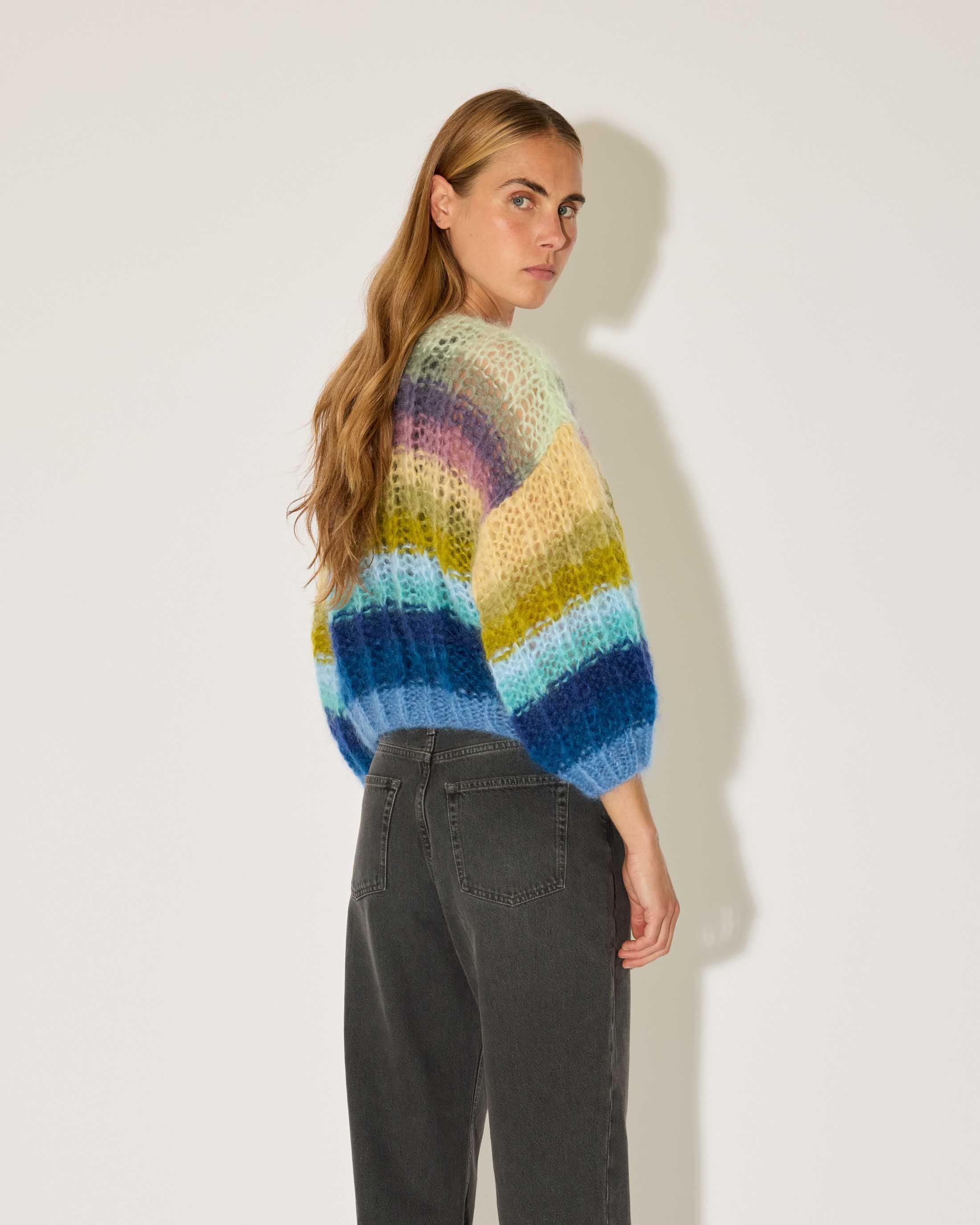 Mohair Ribbed Bomber Cardigan, Striped