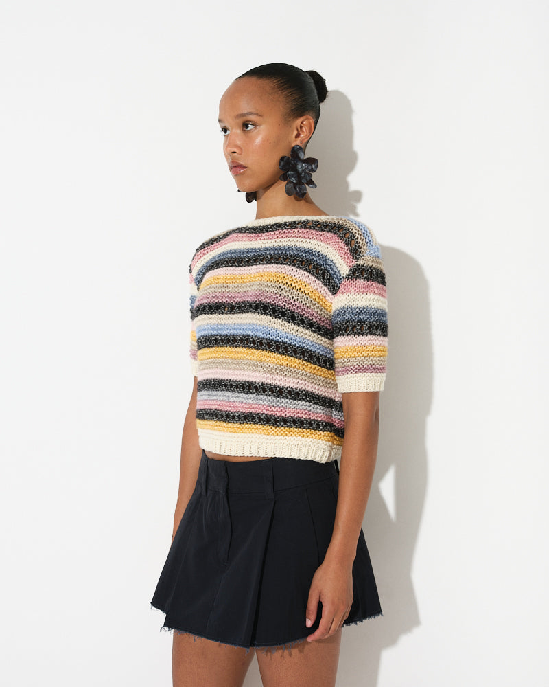 Model wearing striped t-shirt in cotton merino blend by Maiami, Spring 2025