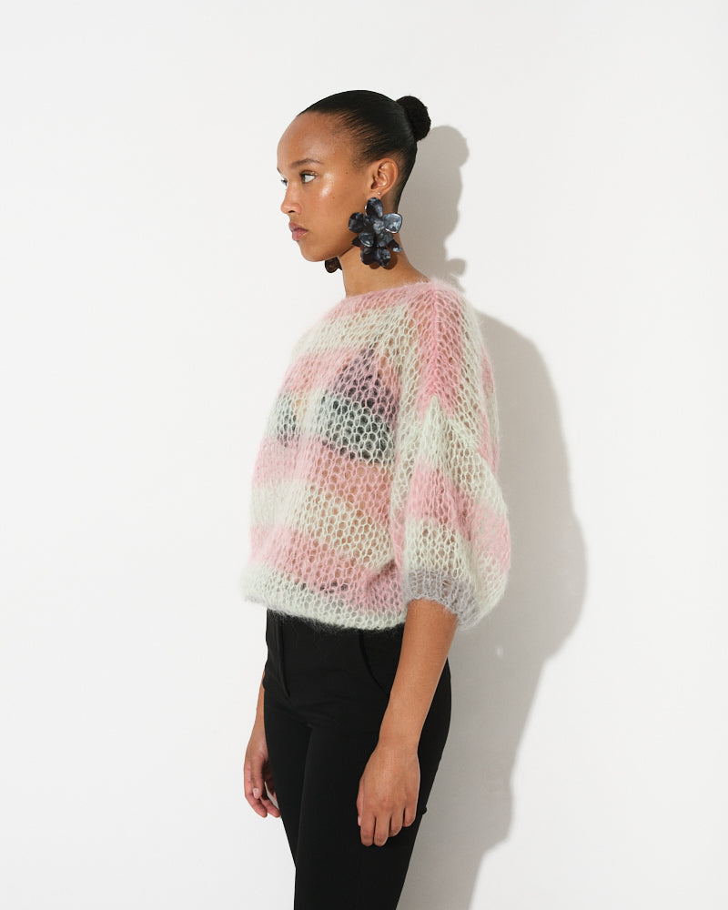 Model wearing striped mohair top with puffy sleeves by Maiami, Spring 2025