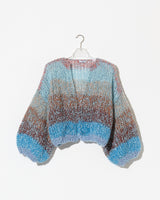 Product Image of boucle bomber cardigan in aqua. frontside
