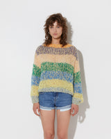 model wearing the spring boucle rainbow mohair sweater in citric. Shot from the front