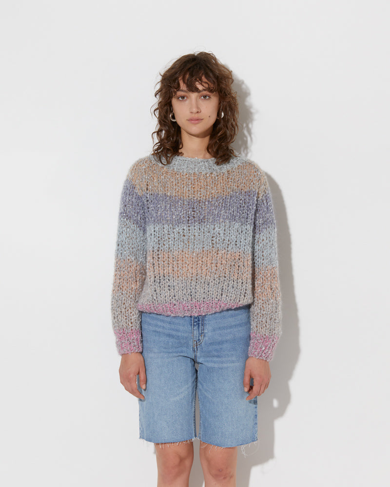 model wearing the spring boucle rainbowmohair sweater in haze. Shot from the front